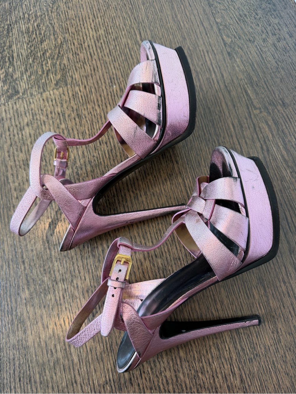 SAINT LAURENT TRIBUTE Sandals - Metallic Pink Platform Heels, 37.5 👠💖
